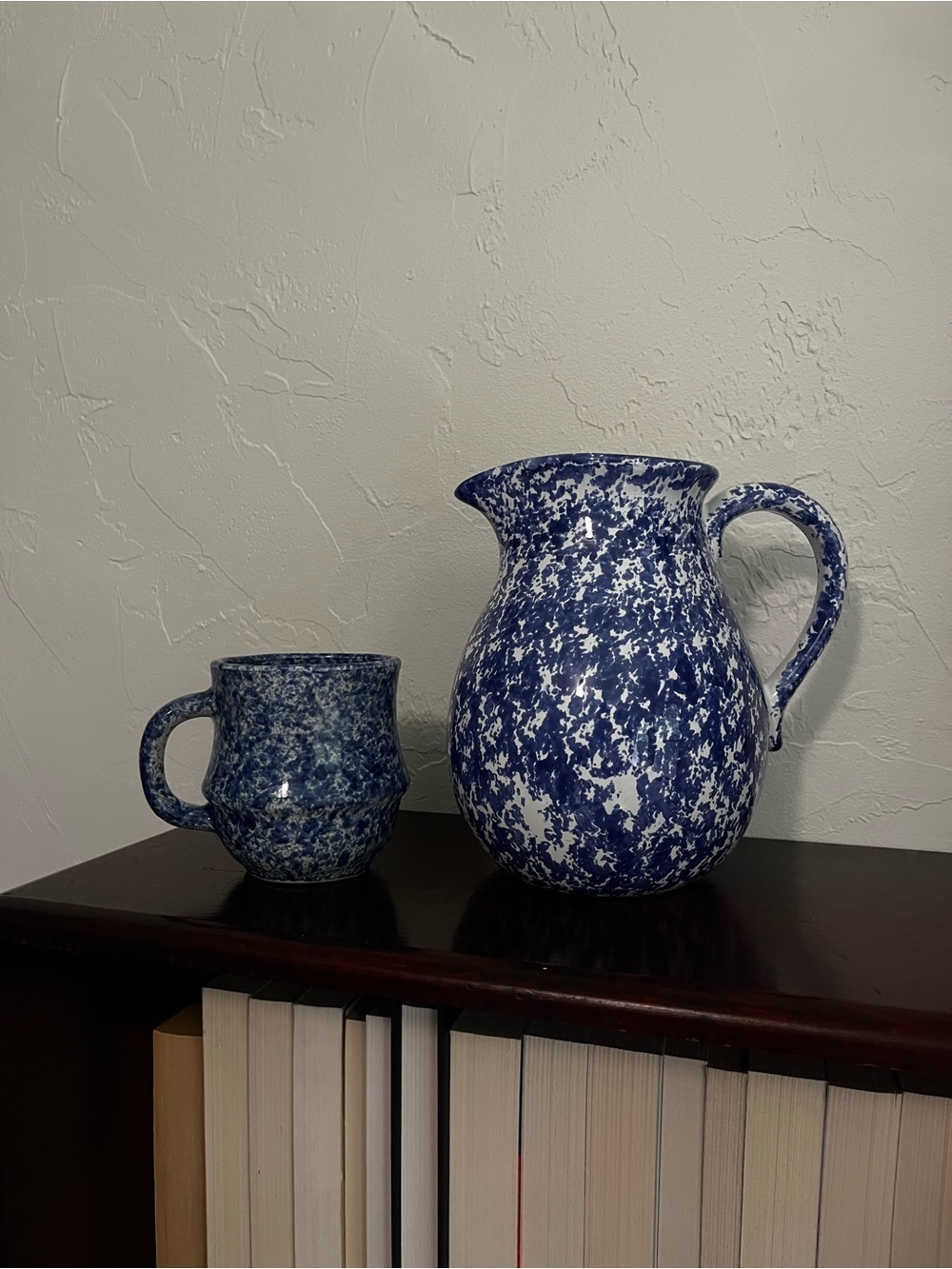Blue Speckled Ceramic Pitcher and Mug.